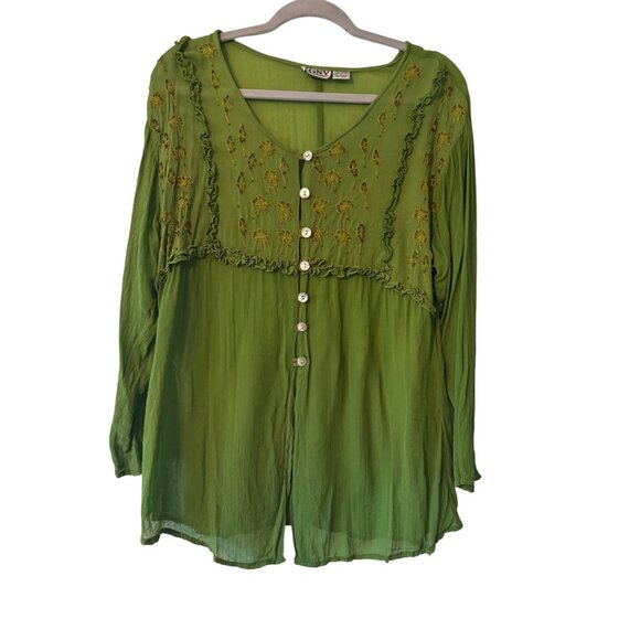 Vintage Boho Chic Green Embroidered Button-Down Tunic Top By CGNY Long Sleeve - Picture 12 of 14
